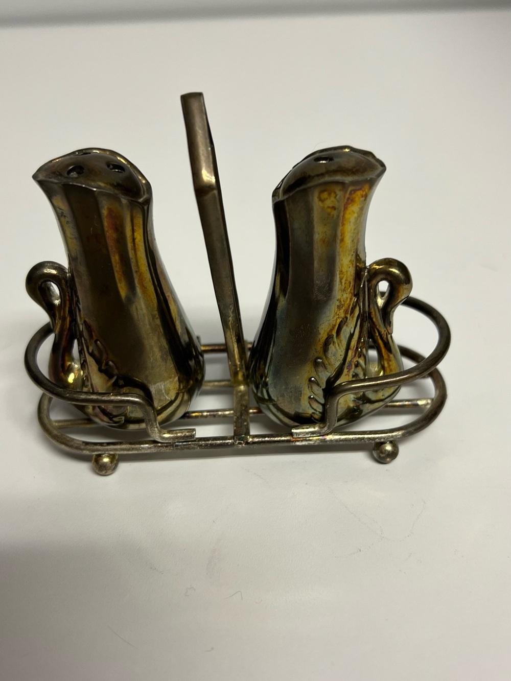 Metal Salt and Pepper Swan Shaker Set with Carry Caddy - Antique Brass Finish